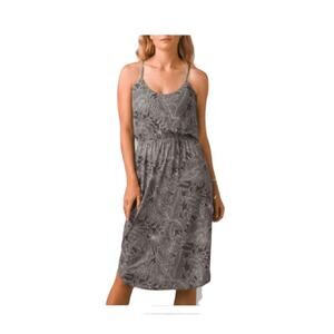 prAna Gray Ivory Frond Leaf Print Sundress Lightweight Midi Dress, Size Small
